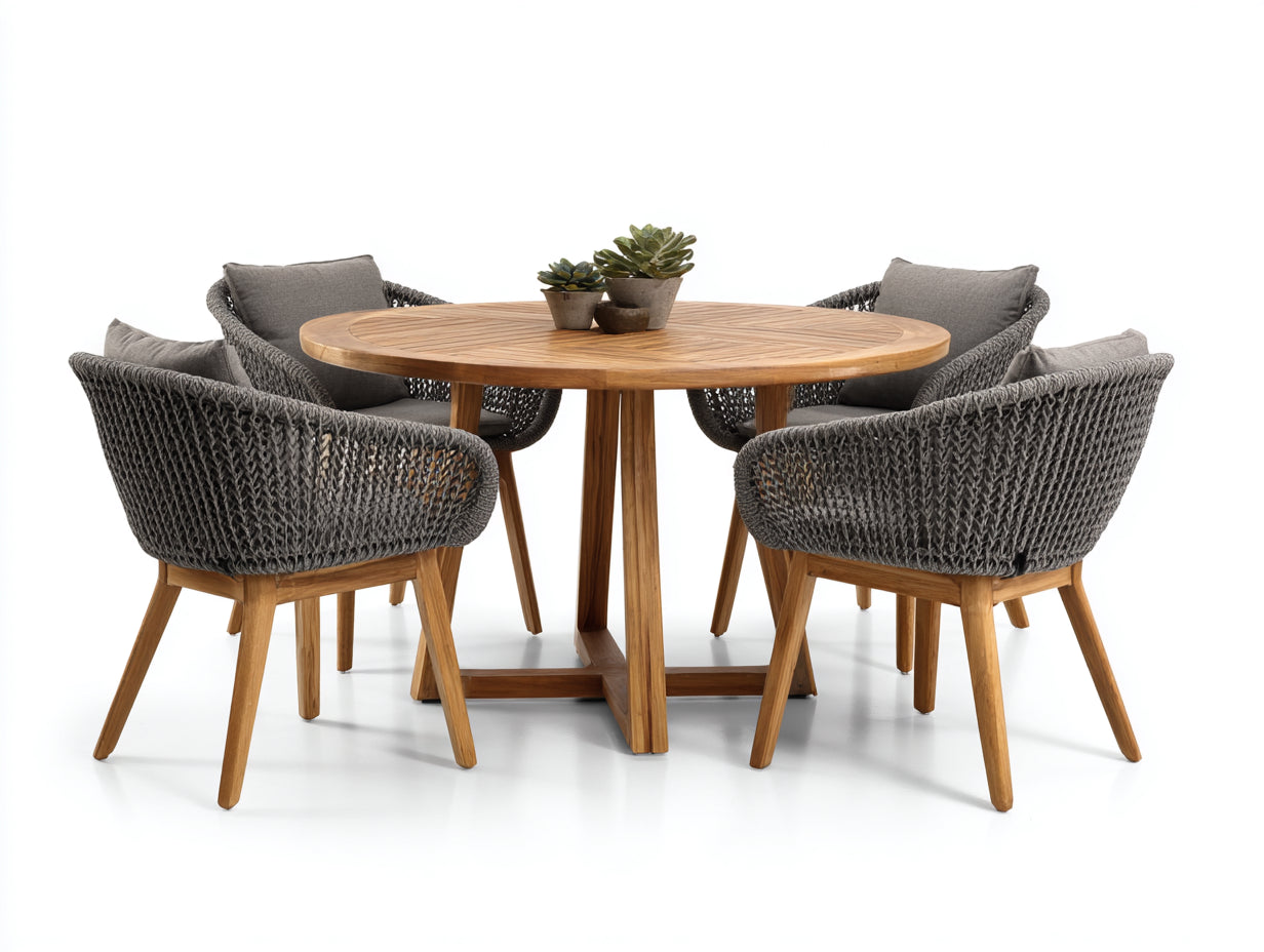 Salon de jardin repas-Bois-Corde-Tissu-120 x 120 x 76 cm-Bois naturel-Gris-Contemporain