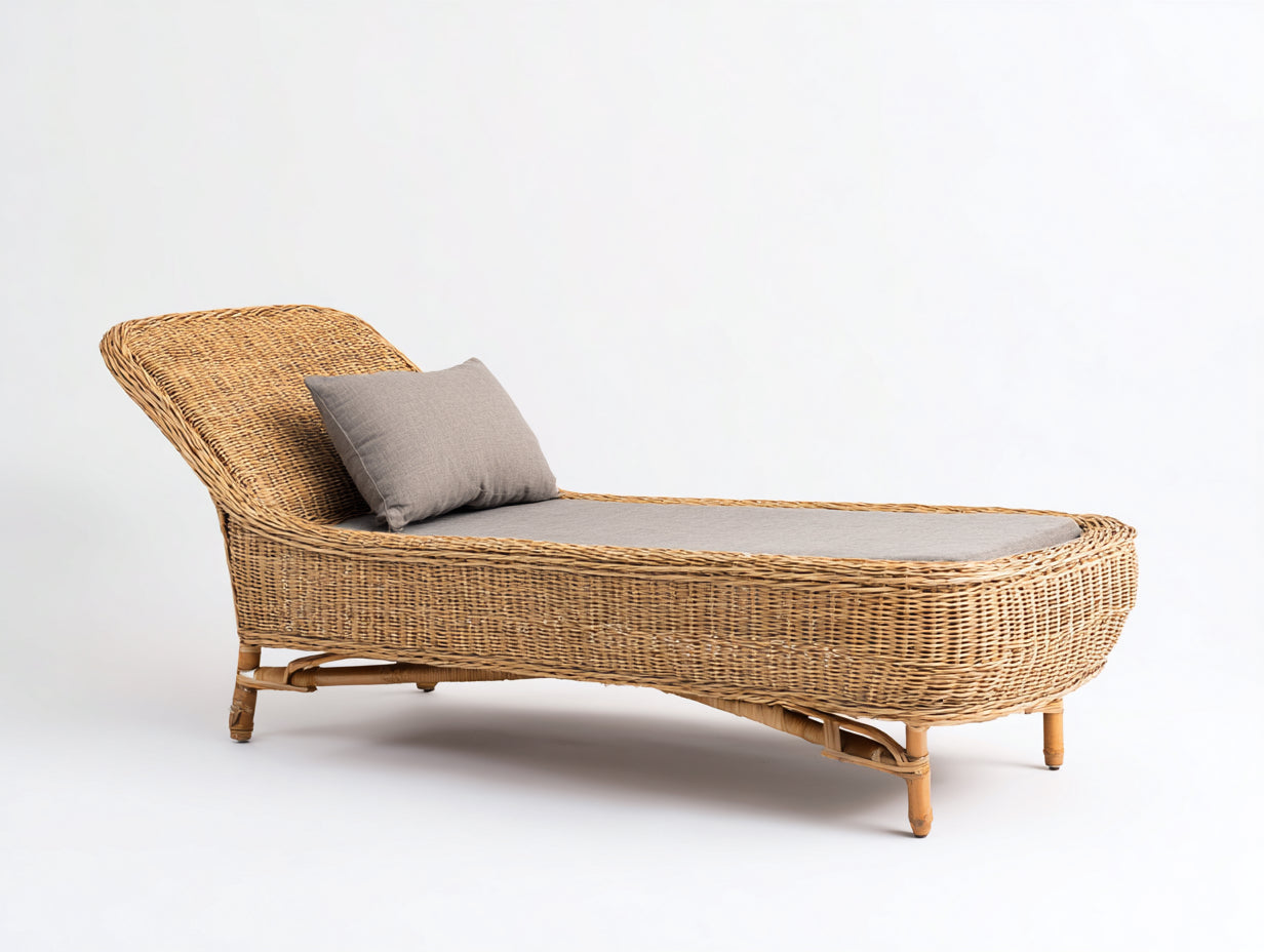 Bain de soleil-Rotin-Tissu-Bois-176 x 72 x 84 cm-Naturel-Gris clair-Bohème