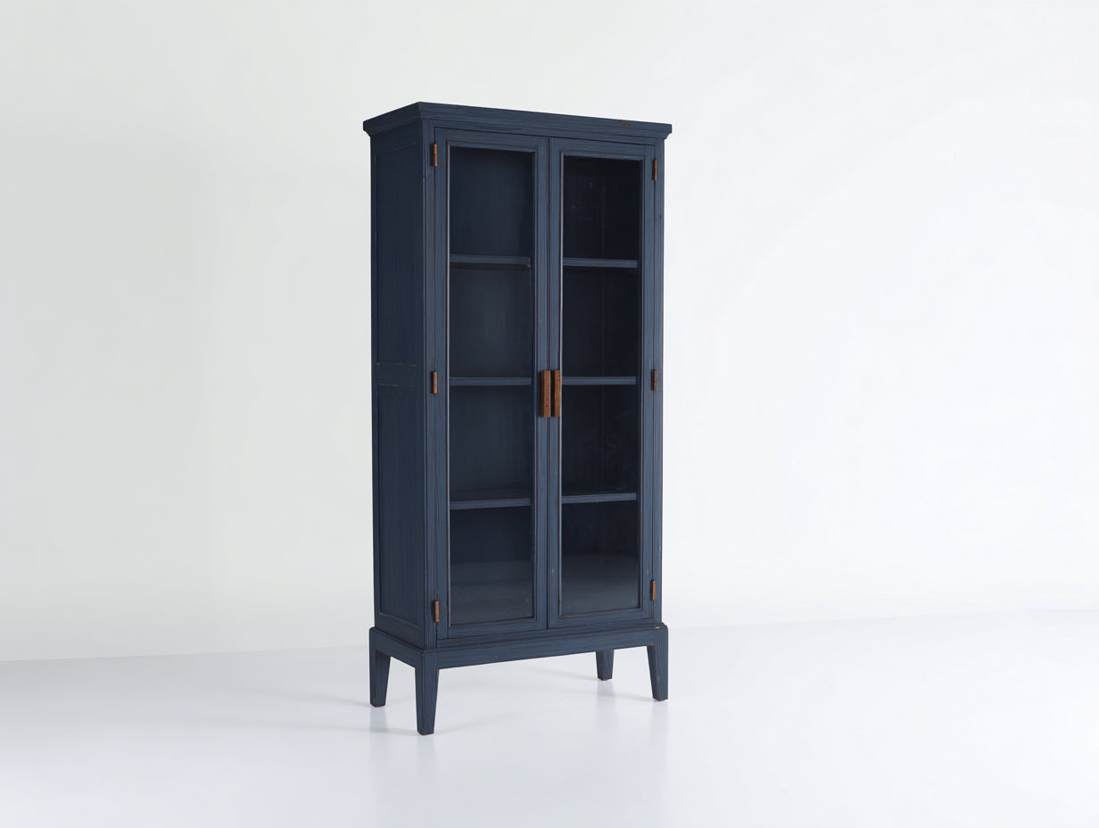 Vitrine - bois-verre - 90x38x182 cm - bleu marine - style rétro