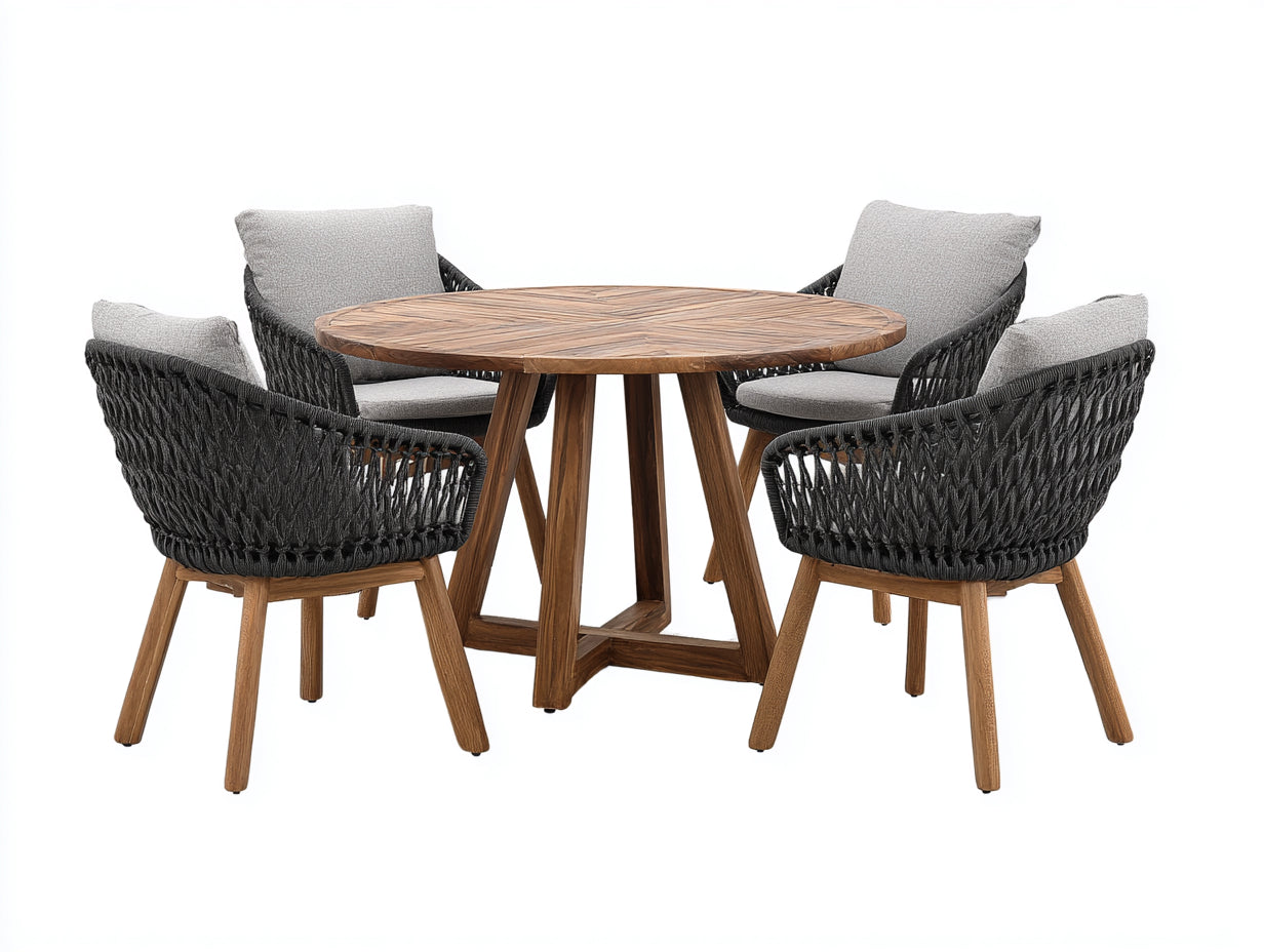 Salon de jardin repas-Bois-Corde-Tissu-118 x 118 x 75 cm-Bois naturel-Noir-Gris-Contemporain